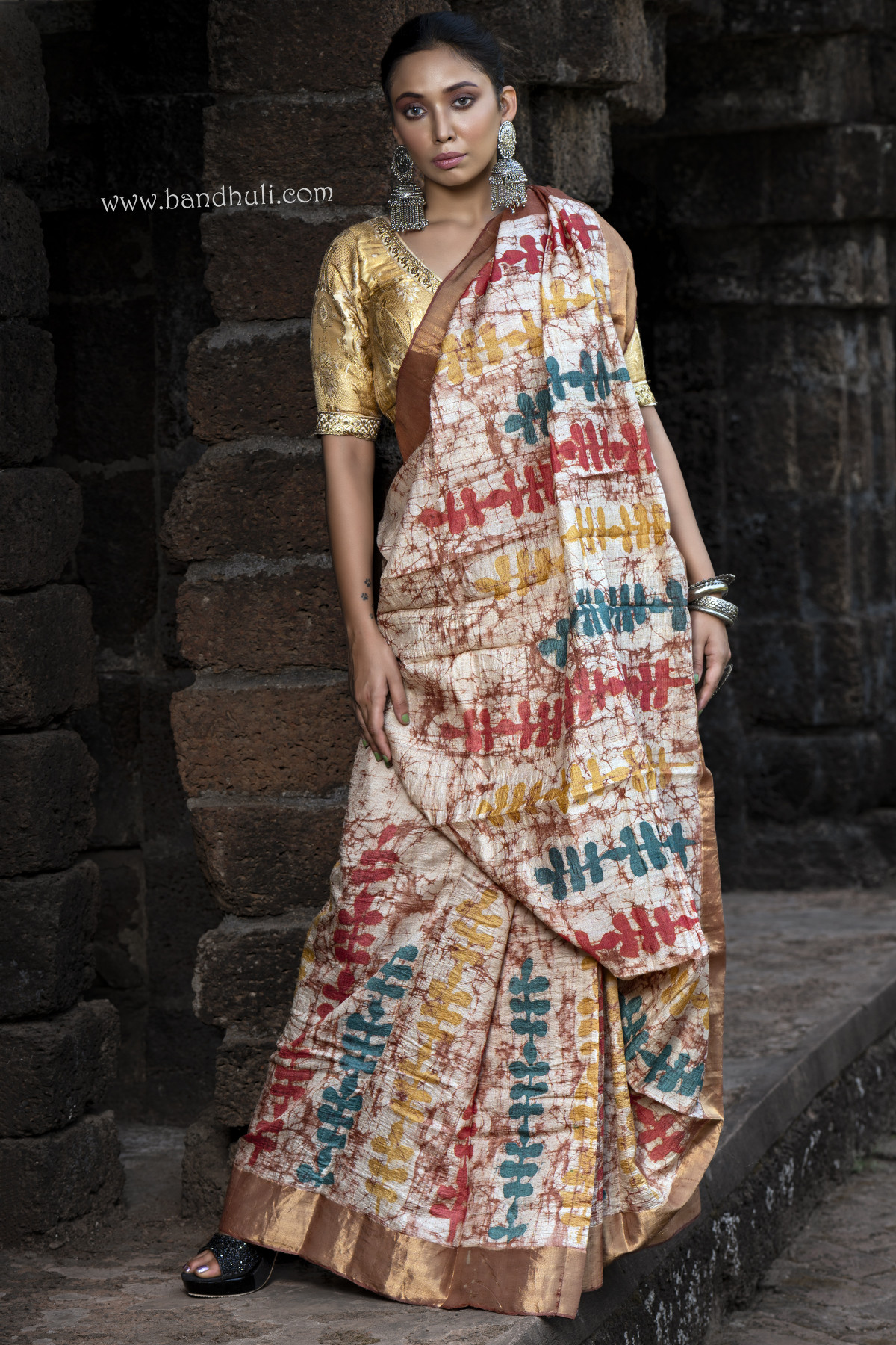 Virgin Tussar Color Crack Wax Batik Saree